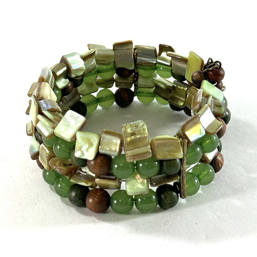 Green Beaded Wrap Bracelet Shell Wood Glass Multi Strand Adjustable Boho - Picture 4 of 7